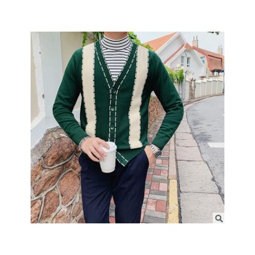 Mens Stylish British Retro V-Neck Long-Sleeved Casual Sweater Cardigan Youth Fashion Contrast Color Slim Knitted Base Clothing