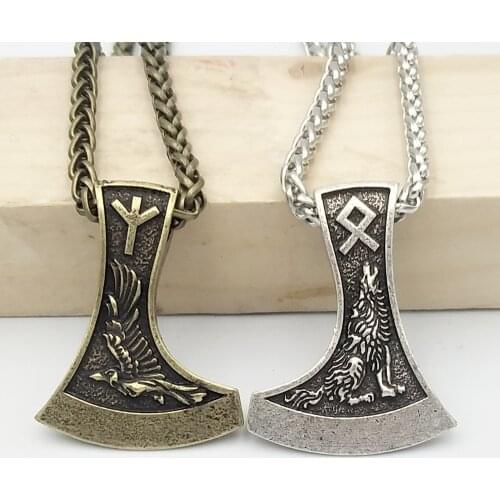 New Viking Raven Gothic Odin Wolf Amulet Viking Nordic Runes ALGIZ OTHALA Slavic Perun Axe Pendant Necklace Wicca Pagan Talisman