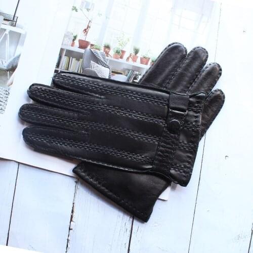 New Mens High Quality Goatskin Gloves Fashion Short Style Black Imported Leather Gloves With Velvet Lining