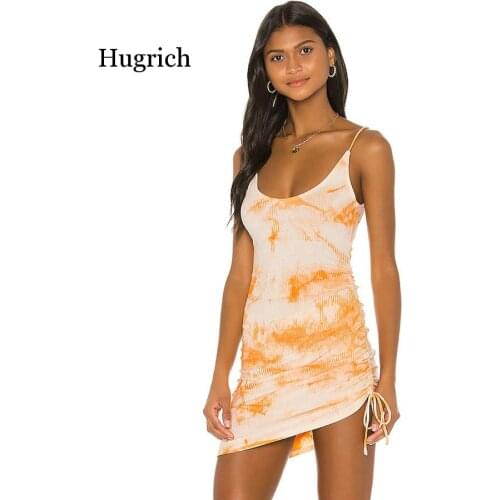 Casual Spaghetti Strap Low-Neck Mini Dresses Women Summer Bodycon Printing Elastic Slim Lady High Waist
