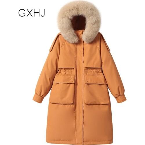 GXHJ Real fox fur collar warm hooded white duck down jacket women long Tooling multi-pocket design пуховик женский LHJ399
