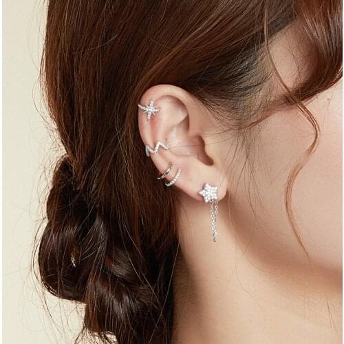 BISAER Letter ear clip 100% 925 Sterling Silver Dazzling Zircon Geometric Earrings Ear For Women Simple Jewelry 2020 ECE994