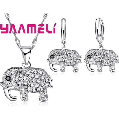 Lovely Elephant 925 Sterling Silver Jewelry Sets Shining Full Rhinestone Crystal Animal Necklace Pendant Hoop Earrings