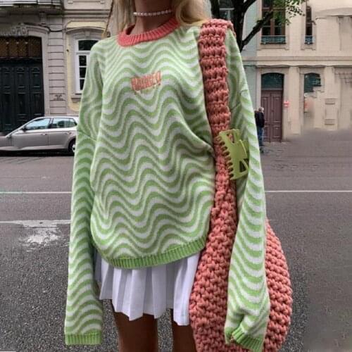 Biggorange 2021 Long Sleeve Wave Print Oversized Loose Sweatshirt Fall/Winter Womens Fashion Street Casual Wear