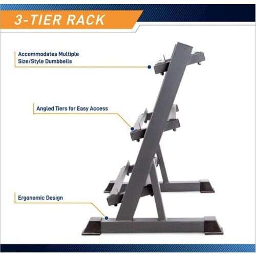 Three-layer multi-level storage oblique angle design heavy-duty welded steel structure rubber foot dumbbell rack