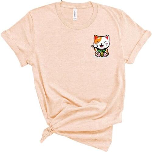 Lucky Cat Pocket Print Shirt Waving Animal Tee Cute Cat 100% Cotton Short Sleeve Womens Aesthetic O Neck Top Tee Drop Shipping