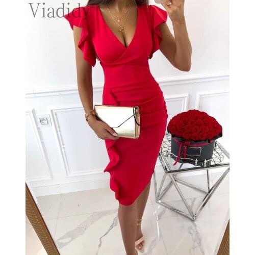 Women V-Neck Ruffle Hem Ruched Dress