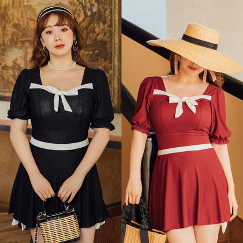 2Pcs Short-Sleeved Bow Tie Laces To Cover Belly Was Thin Gathered High-Waist Plus Size Swimsuit Women Skirt-Style Conservative