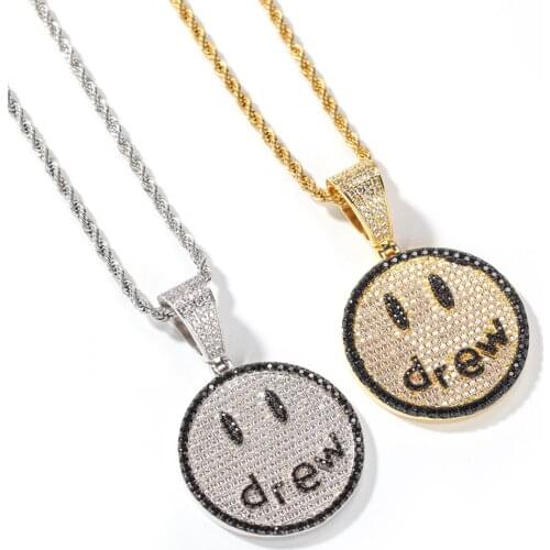 Hip Hop Drew Ice Out Smile Face Necklace for Man Women Fashion Necklaces Jewelry Street Style