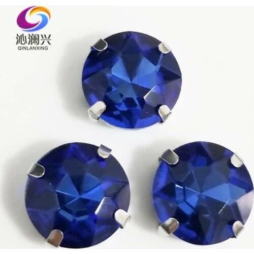 Free shipping light blue round shape good quality Glass Crystal sew on claw loose rhinestones,Diy Clothing accessories SWB12