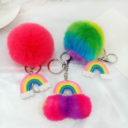 9Colors Cute Faux Fur Hairball Rainbow Keychain PVC Clouds Women Girls Fashion Fluffy Pompom Key Chain Ring Backpack Car Pendant