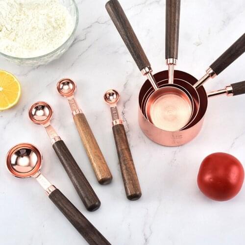 4-Piece Set Of Stainless Steel Copper-Plated Measuring Cup Liquid Solid Milk Powder Spoon Walnut Handle Rose Gold Seasoning Tool
