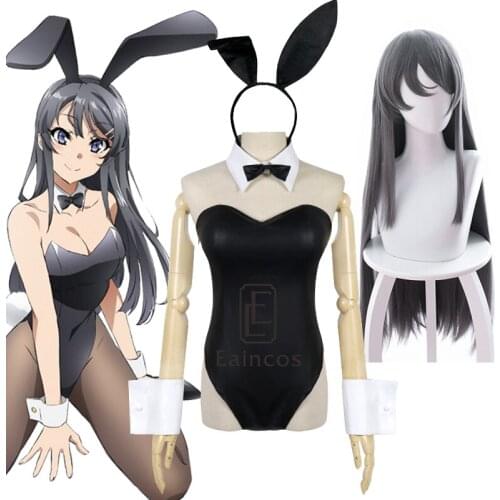 Anime Rascal Does Not Dream of Bunny Girl Sakurajima Mai Cosplay Costume Women Black Sexy Jumpsuit Wig