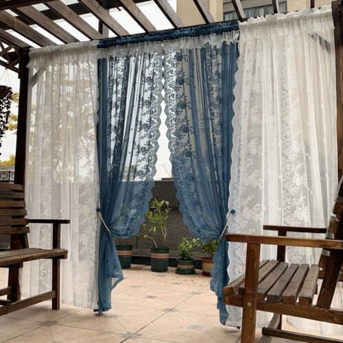 Navy Blue Lace Sheer Curtains for Living Room Bedroom European Floral Voile Curtain Retro Green White Tulle Window Home Decor