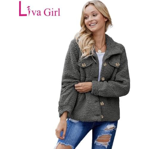 LIVA GIRL Black/Gray/Khaki Casual Sherpa Long Sleeve Plush Jacket Women Winter Warm Button Up Female Coat and Jackets Outerwear