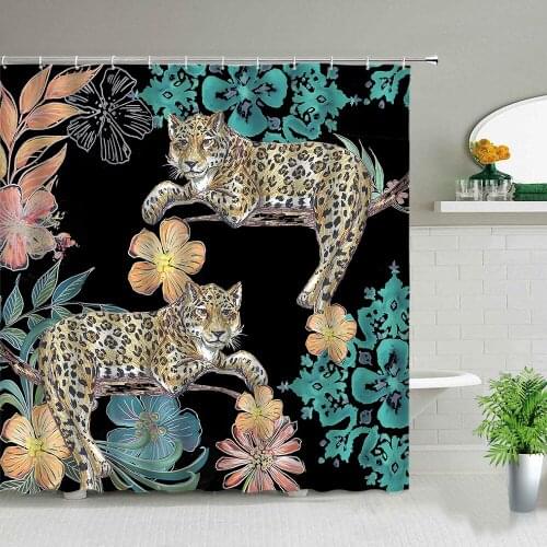 Leopards And Tropical Leaves Shower Curtains Africa Wild Animal Cartoons Backdrop Wall Decor Bathroom Bathtub Screen With Hooks