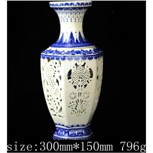 Set 2 Pieces Hollowed Chinese Blue And White Porcelain Big Vase w Qianlong Mark