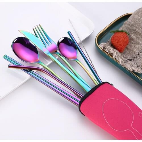 8 PCS Stainless Steel Dinnerware Set Reusable Metal Straws Spoon Fork Knife Chopsticks Travel Set With Bag Party Bar Accessoris
