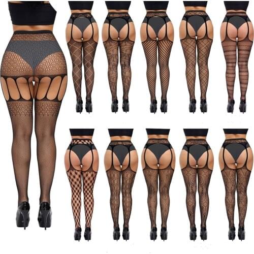 2021 NEW Plus Size Sexy Women Stocking Fishnet High Waist Transparent Tight With Garter Belt Pantyhose Crotchless Lingerie Women