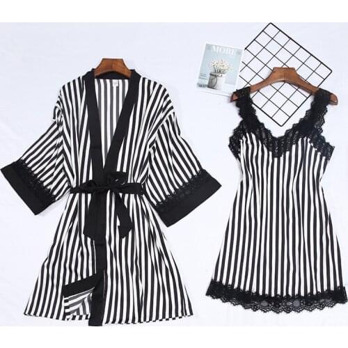 Summer silk sexy striped suspender Pajama suit womens robe silk like robe two piece suit for young girls