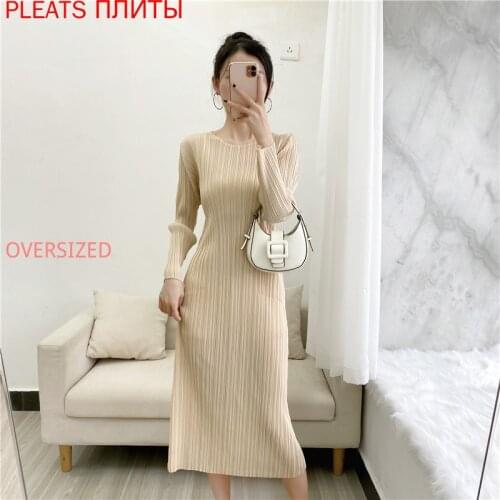 Miyake Pleated Dress 2021 Spring New Round Neck Slim Long Sleeve Pleated Dresses Pleats Vestido De Mujer Robes Robe Femme Vestid