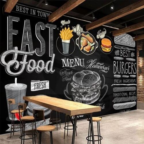 Custom Mural Wallpaper 3D Fashion Blackboard Hand Painted Fast Food Hamburger Restaurant Background Wall Decor Retro Wall Papers
