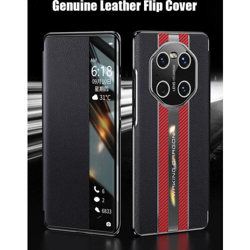 Luxury Sports Car Canbon Fiber Genuine Leather Flip Cover for HUAWEI Mate 40 30 Pro Plus Case Smart Window View Sleep Shockproof