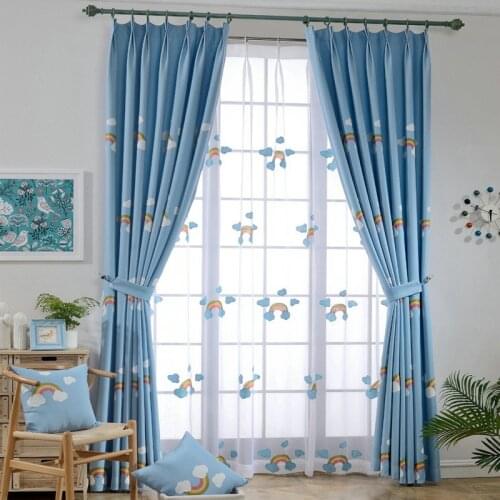 Embroidered Linen and Cotton Curtain for Kids Room Blue Curtain Matched with White Tulle Rain Bow Cartoon Eco-friendly