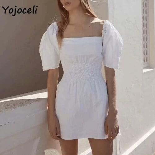 Yojoceli square neck shirred white dress vintage skater mini dress women daydress