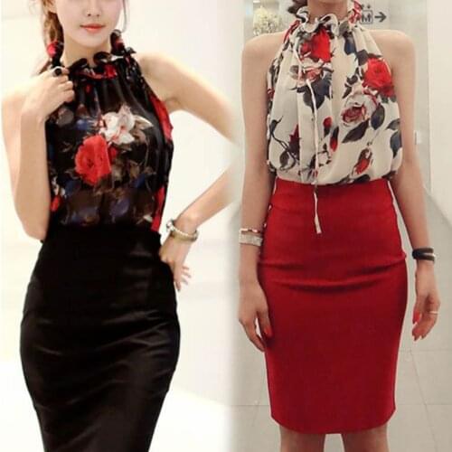 Womens T-Shirt 2021 Summer Korean Style Dew Collar Floral Chiffon Shirt Sexy Office Ladies All-match Sleeveless Bottoming Shirt