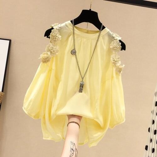 Flower Off Shoulder Embroidery Women Chiffon Blouse 2021 Summer New Solid Lantern Sleeved Loose Lady Elegant Pulls Outwear Tops