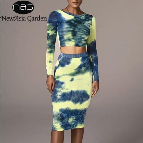 NewAsia Tie Dye Two Piece Skirt Set Crewneck Crop Top Stretch High Waist Skirt Women Long Sleeve 2 Piece Outfits Fashion Suit