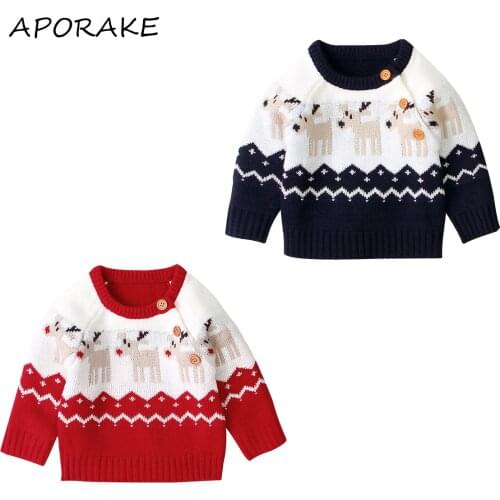 2020 0-18M Newborn Baby Boy Girl Xmas Sweaters Fall Winter Knited Tops Cute Deer Print Patchwork Long Sleeve Button Top Outwear
