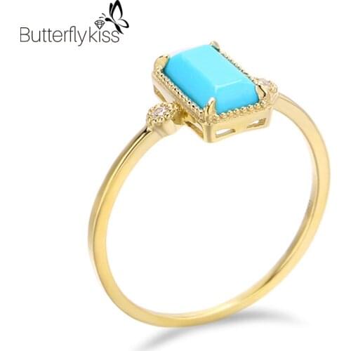 BK 9K Genuine Gold 585 Rings Natural Turquoise Gemstone Ethnic Simple Square Jewelry For Women Wedding Anniversary Gift