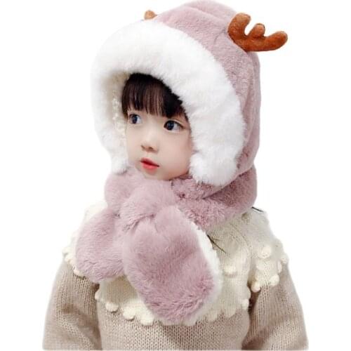 Doitbest velvet thicken cute antler children winter hats beanies set kids Child Knit hat scarf One-piece boys girls Earflap caps