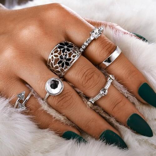 Doocna 6pcs/sets Big Shiny Black Rhinestone Flower Wedding Ring for Women Triangle Geometric Joint Ring Jewelry Accessories 9778