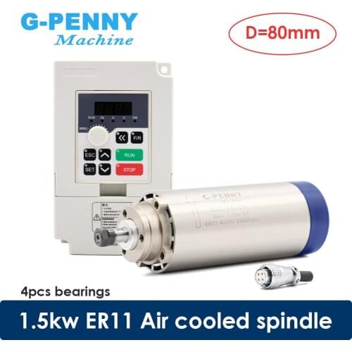 New Arrival! 1.5kw ER11 air cooled spindle D=80mm 4 pcs bearings & 1.5kw H100 inverter 220v & 80mm holder