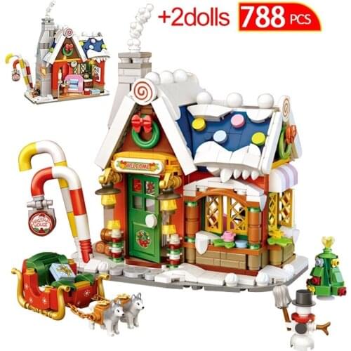 2021 City Creative Winter Village Santa Claus Christmas Tree Gingerbread House Model Mini Building Blocks Bricks Kids Toys