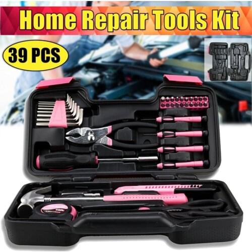 Mayitr 39pcs Pink Color Car Auto Pink Tool Tape Measure Claw Hammer Hex Key Set Household Repair Tools Kit Box Mechanics
