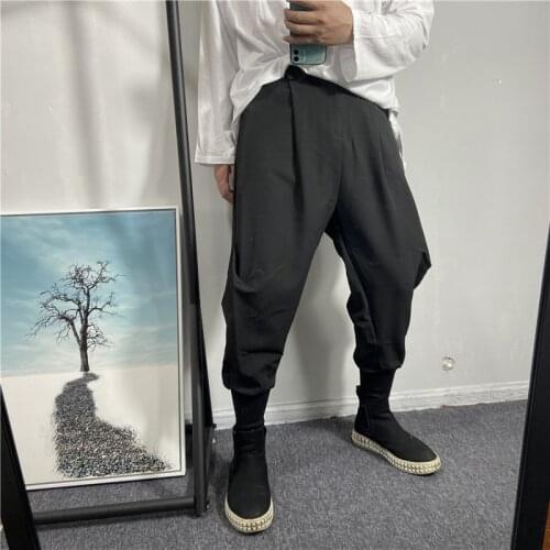 2021 autumn mens simple pure black slightly broken small foot Harlan pants Korean version versatile legged casual pants overall