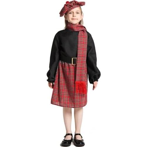 Girls Ethnic Style Red Lattice Scotland Party Fancy National Dress Halloween Cosplay Carnival Costume