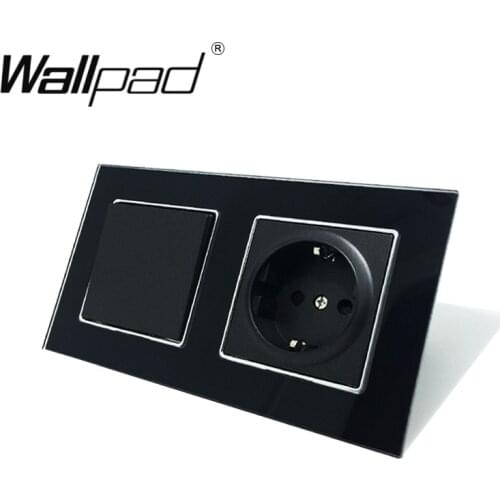 EU Socket with Claws Wallpad Black Glass Panel 1 Gang 2 Way Wall Switch and Schuko EU Wall Power Socket with Haken Mount Back