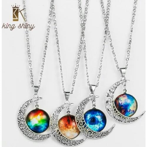 New Silver Color Moon Pendant Necklace for Woman Glass Galaxy Collares Statement Necklace Female Party Accessories Gift for Girl
