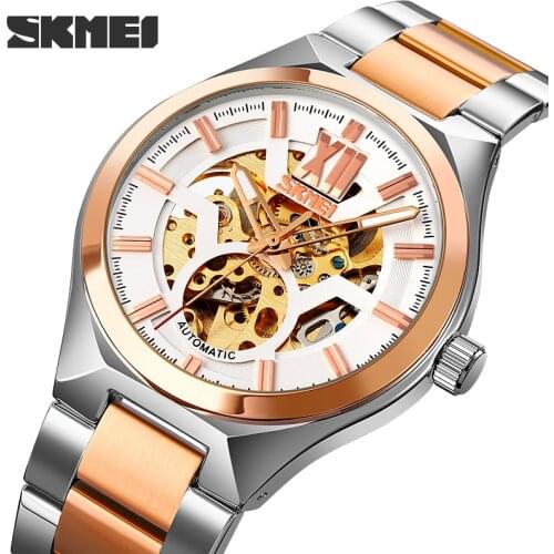 SKMEI Brand Automatic Watch Fashion Stainless Steel Quartz Mens Watches Hollow Skeleton Mechanical Wristwatch For Men 2021 New
