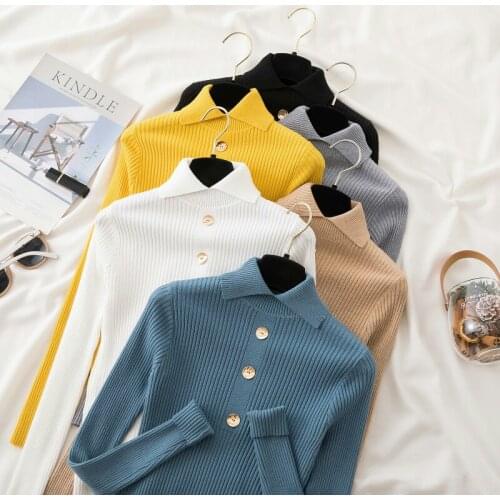 2021 Autumn Slim Fashion Sweater Women Pullovers Knitted Button Winter Polo Collar Long Sleeve Top Jumpers Basic Sueter Feminino