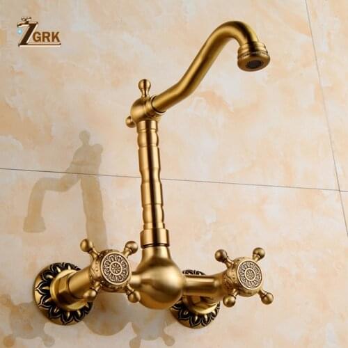 ZGRK High Quality Basin Faucets Antique Brass Bathroom Faucet Basin Tap Rotate Double Handle Hot and Cold Water Mixer Taps
