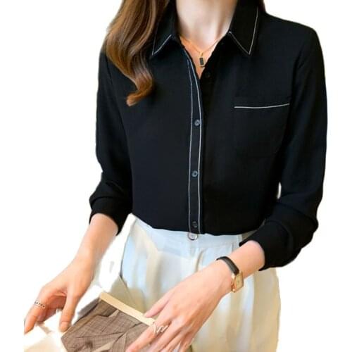 Women Spring Autumn Turn-down Collar Long-Sleeve Simple Office Work Female Blouse Casual Bright line pocket Chiffon Shirts Tops
