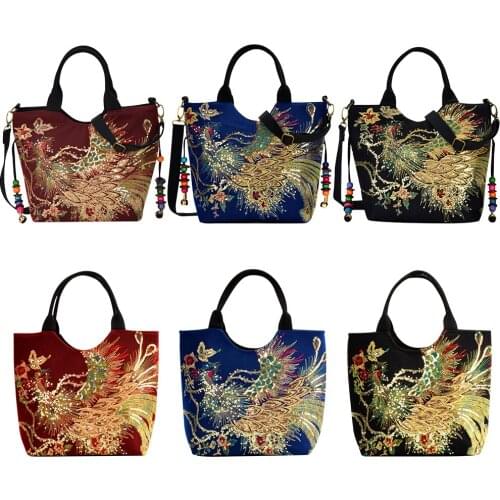 Womens Bag Peafowl Embroidery Ethnic Canvas Shoulder Bags for Women Casual Female bag Retro Beads Pendant Small Shopper Handbag