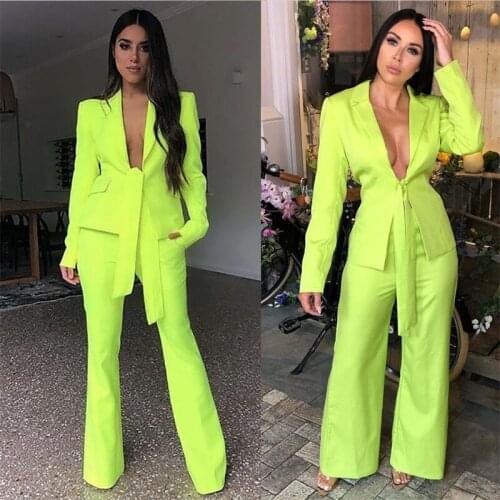 Bright Yellow Women Suits 2 Pieces Party Suit With Belt Deep V Neck Fashion Real Image Coat+Wide Leg Pants