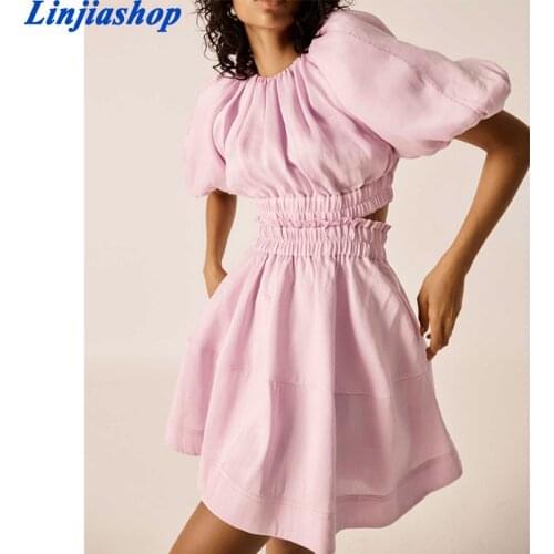 Pink Hollow Out Dress For Women O Neck Puff Short Sleeve Elastic High Waist Ruched Slim Casual Mini Dresses Female 2021 Tide